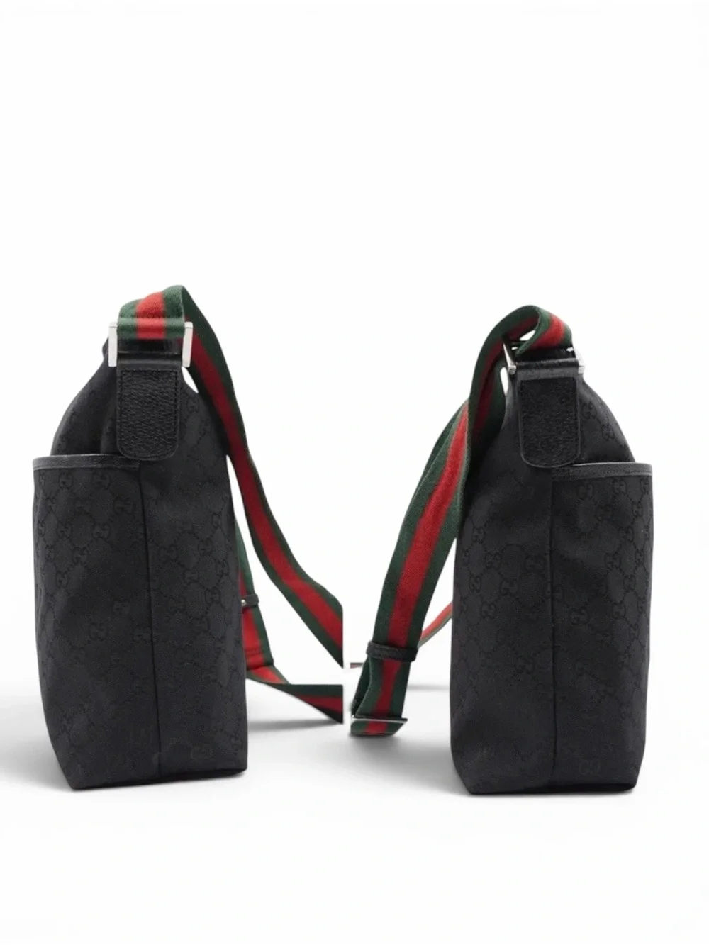 Gucci Black Canvas Messenger Bag with Green-Red Web Strap